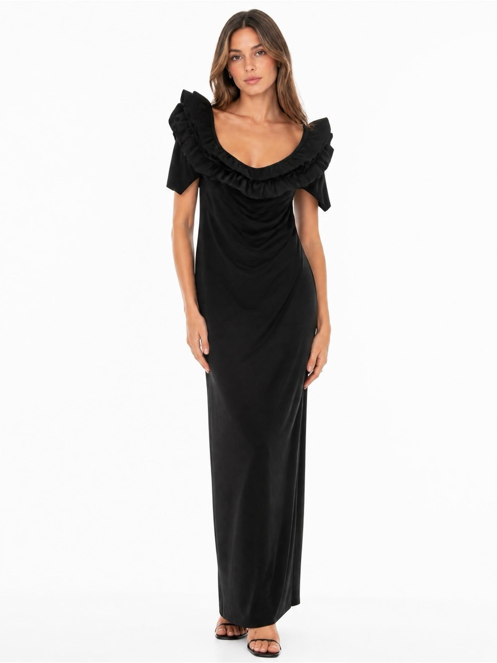 Xscape Black Ruffle-Trim Maxi Dress